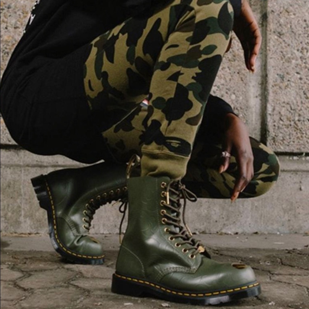 Dr. Martens boots, 1490 BAPE khaki smooth emboss, mens 11